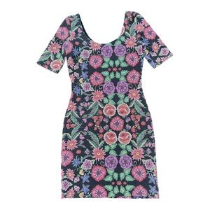 Desigual Black Floral Mini Dress with Pink, Purple and Green Accents